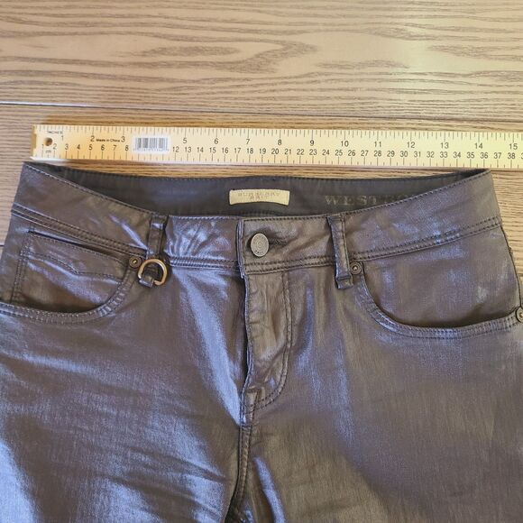 Burberry Britt Pants 28 Brown Waxed Skinny Ankle Low Rise Cuffed Trousers - Picture 11 of 13